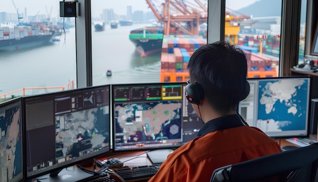 Logistikkette der Frachtbewegung auf dem interaktiven Bildschirm des Logistikbüros vor dem Hintergrund des Hafens
