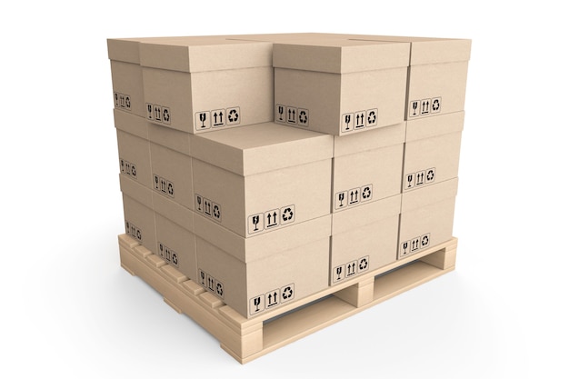 Logistikkonzept. Kartons auf Holzpalette auf weißem Hintergrund