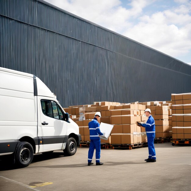 Logistikmitarbeiter, die außerhalb großer Logistiklager arbeiten