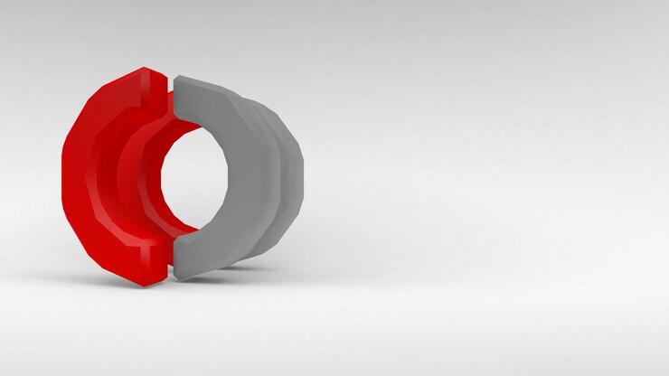 Foto logo anillo blanco-rojo de dos mitades sobre fondo blanco. representación 3d.