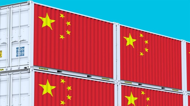 Logo China United in Trade Logo und Flagge auf Metall-Schifffahrtscontainern