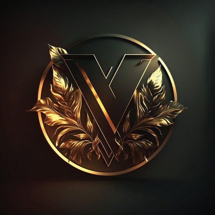 Un logo dorado y negro con la letra v en el medio.
