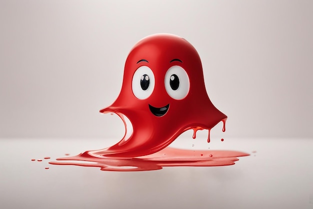 Un logo fantasma de color rojo con una expresión linda y juguetona flotando sobre un fondo de papel blanco