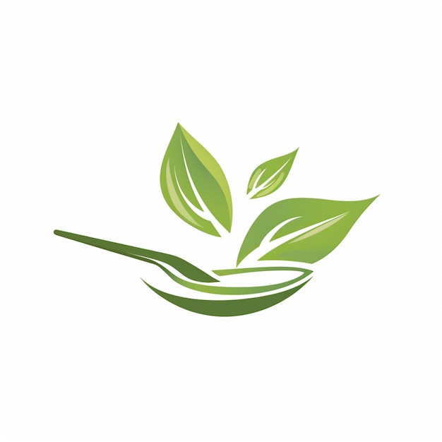 Logo für gesunde Lebensmittel mit isolierten Löffel- und Blattelementen auf weißem Hintergrund