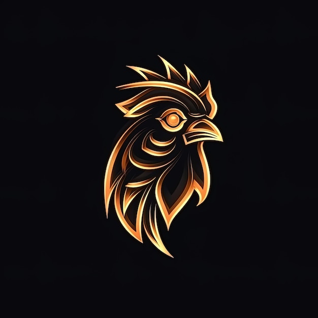 Un logo con un gallo dorado y negro