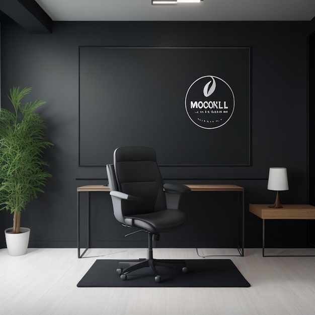 Foto logo-mockup auf schwarzer wand im bürozimmer