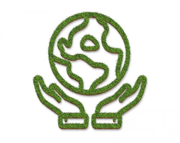 Foto logo oder symbol hände, die die erde von der grünen grasoberfläche umarmen