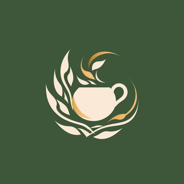 Foto un logo verde y dorado con una taza de café y una planta frondosa.