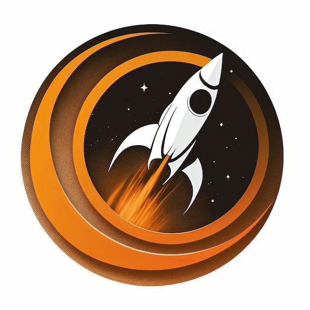 Logoillustration, Rakete im orangefarbenen Kreis, weißer Hintergrund. Generative KI
