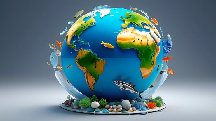 Logotipo 3D con un concepto ambiental con objetos de la tierra y elementos de peces, plantas de agua de mar