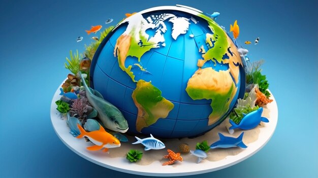 Logotipo 3D con un concepto ambiental con objetos de la tierra y elementos de peces, plantas de agua de mar