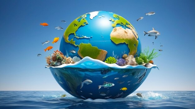 Logotipo 3D con un concepto ambiental con objetos de la tierra y elementos de peces, plantas de agua de mar