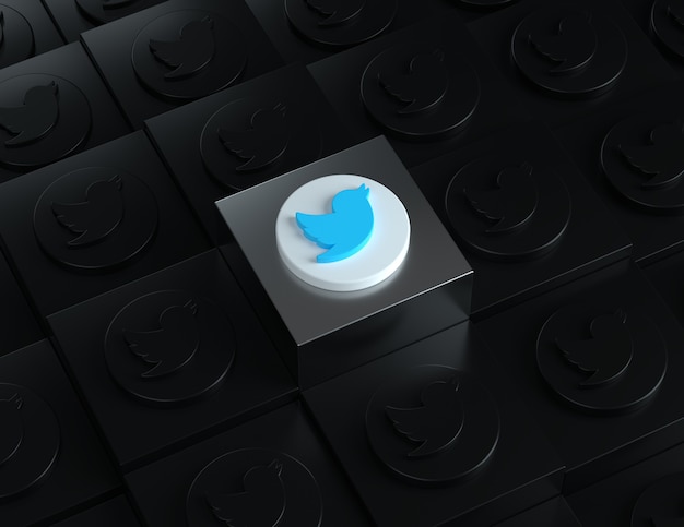 Logotipo 3d do twitter em um suporte prateado com logotipos escuros no fundo