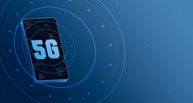 Logotipo 5g en el teléfono con pantalla tecnológica, render 3d inteligente