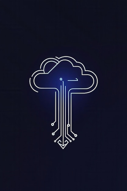 Logotipo abstracto de computación en la nube con elementos de circuitos digitales en un fondo oscuro