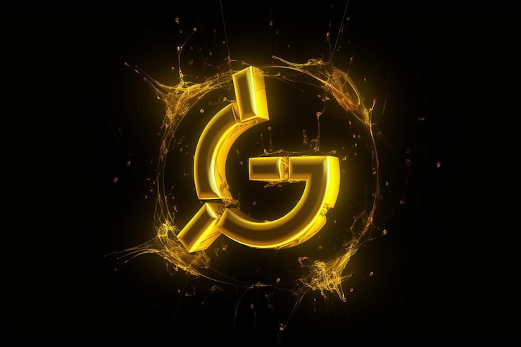 Foto logotipo amarillo de riesgo biológico futurista letra g sobre un fondo negro el logotipo está en el estilo rápido