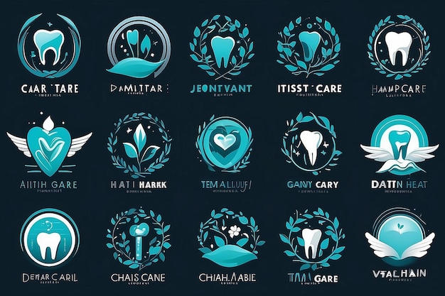 Foto el logotipo de la atención dental, la ilustración del dentista, la salud, la gente, la naturaleza, el conjunto de símbolos, el diseño, el vector.