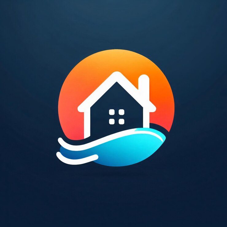 Foto un logotipo azul y naranja con una casa y salpicaduras de agua