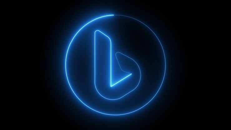 Foto un logotipo de bing de neón azul brillante sobre un fondo negro