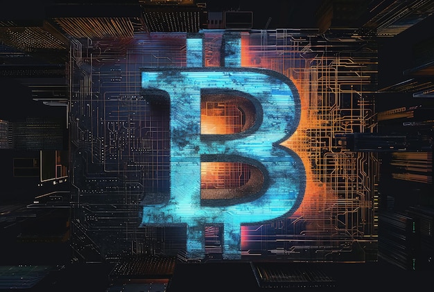 El logotipo de Bitcoin en la habitación oscura