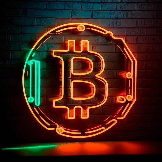 Logotipo de Bitcoin, letrero de neón