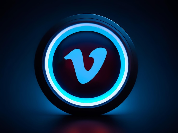 Foto logotipo brillante de vimeo en un círculo 3d realista
