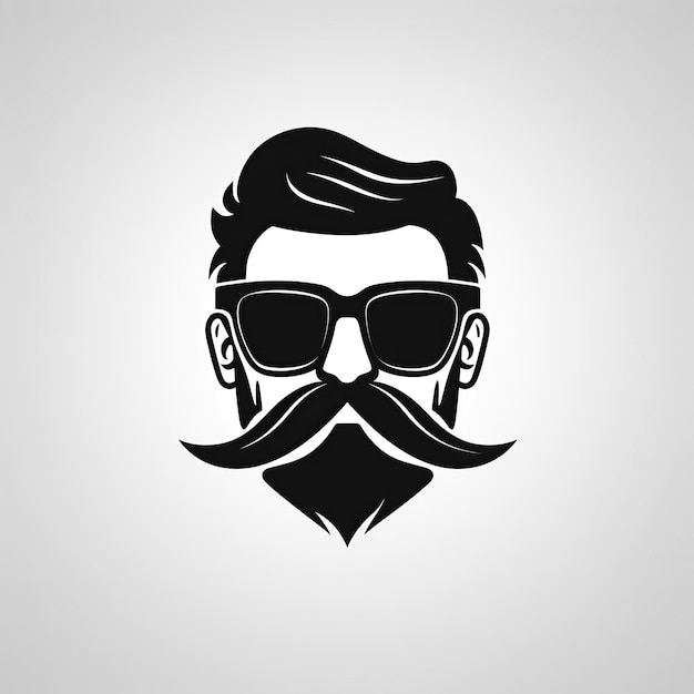 logotipo con la cabeza y la cara de un hombre con barba y bigote con gafas de sol sobre un fondo blanco Un emblema para un salón de barbería para hombres o una tienda de marca