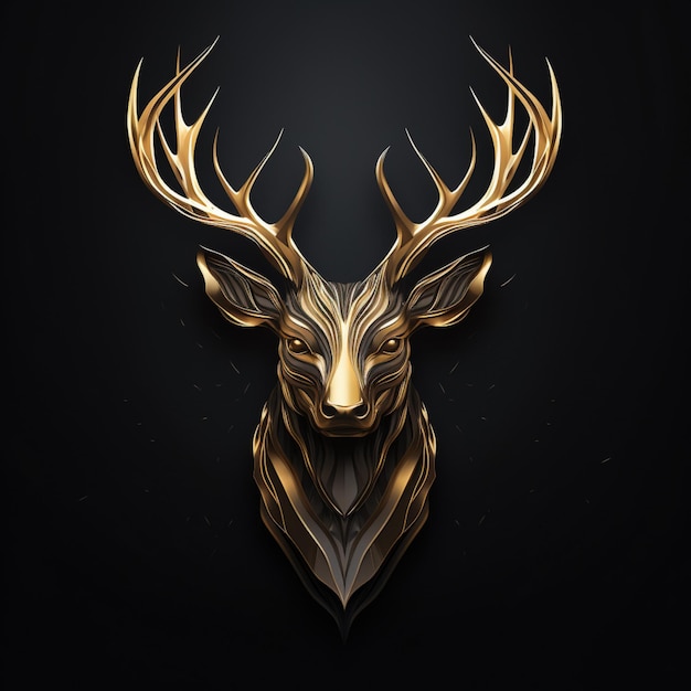 Foto logotipo de cabeza de ciervo dorado sobre fondo negro en el estilo de líneas afiladas