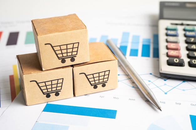 Logotipo del carrito de compras en la caja con lupa en el fondo del gráfico Cuenta bancaria Inversión Investigación analítica datos economía comercio Importación de negocios exportación transporte concepto de empresa en línea
