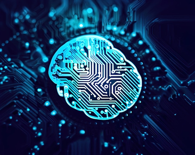 Logotipo del cerebro de inteligencia artificial en la placa de circuito con IA generativa