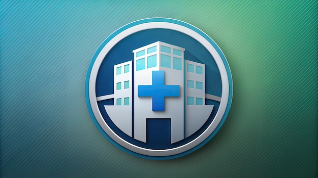 Foto un logotipo circular del edificio del hospital con una cruz azul sobre un fondo verde