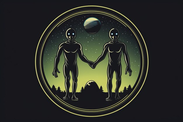 Logotipo circular de extraterrestres que se toman de la mano Hermosa imagen de ilustración IA generativa