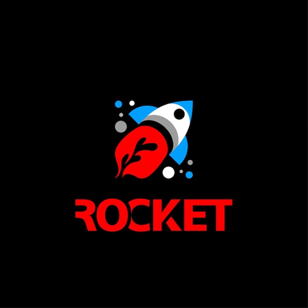 Logotipo de cohete plano Icono de cohete volador con una llama con estrellas y planetas de fondo