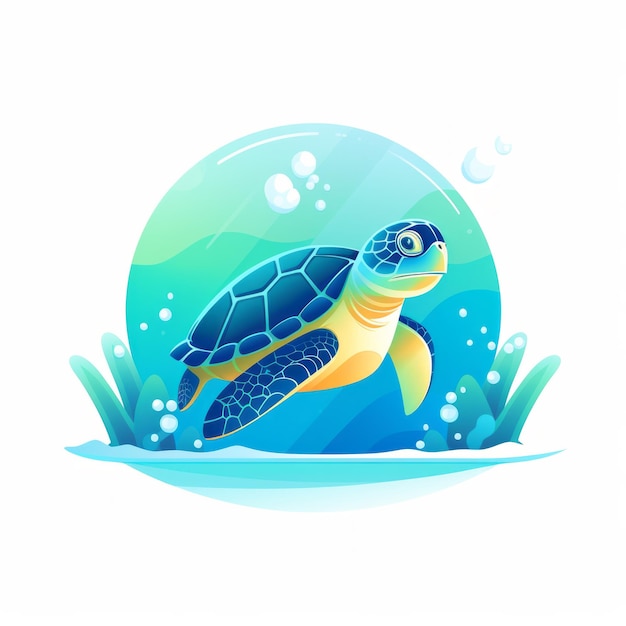 Logotipo colorido de la mascota de la tortuga flotando en un océano azul limpio