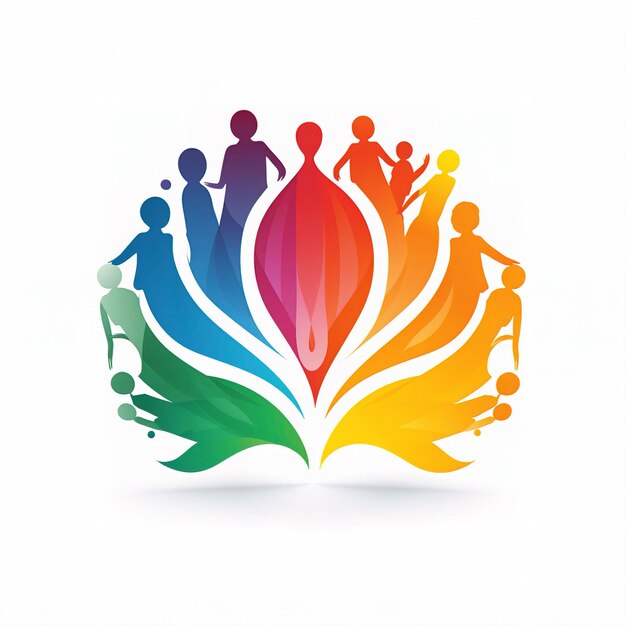 un logotipo colorido con personas tomadas de la mano y un círculo de personas con un fondo de color arcoíris.