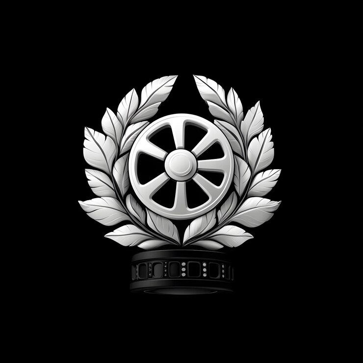 Foto logotipo de la compañía de producción de películas creativas con icono de carrete de película dinámico y tipografía