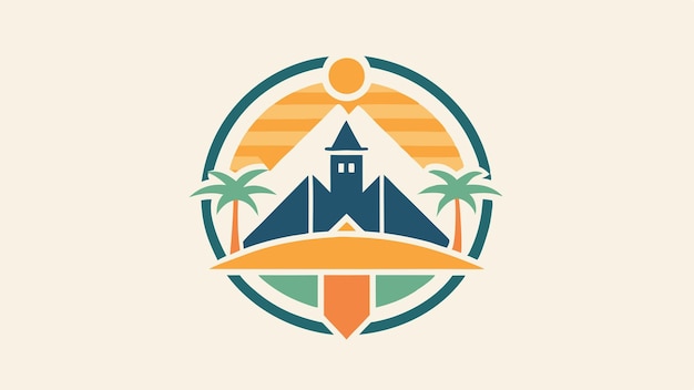 un logotipo para un complejo llamado isla con palmeras y montañas