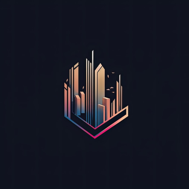 Logotipo criativo para uma empresa imobiliária com arranha-céus nas cores rosa e azul sobre fundo preto