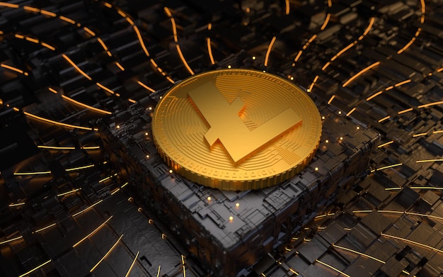 Logotipo de criptomoneda de moneda Gold Litecoin y fondo de tecnología brillante