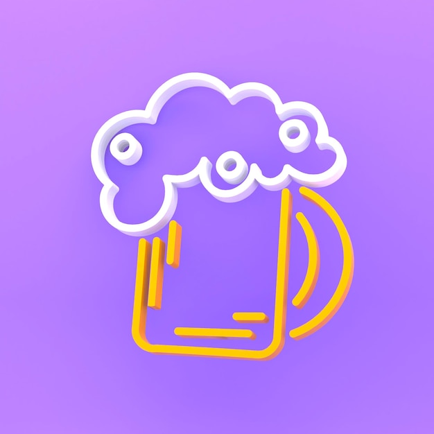 Logotipo da caneca de cerveja com espuma em um fundo roxo. Ilustração 3D render.