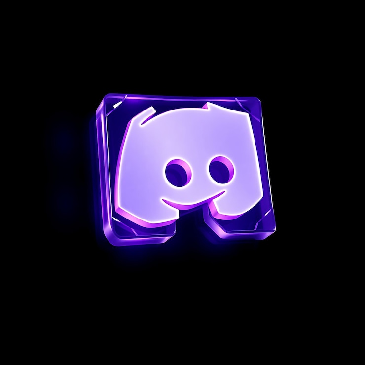 Foto logotipo da discord com renderização 3d em vidro gravado material de brilho pulsante escema de cores roxo e branco isol