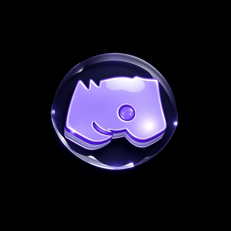 Foto logotipo da discord com renderização 3d em vidro gravado material de brilho pulsante escema de cores roxo e branco isol