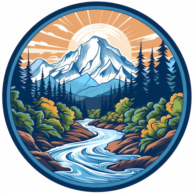 Logotipo da paisagem de Denali com cachoeira e árvores