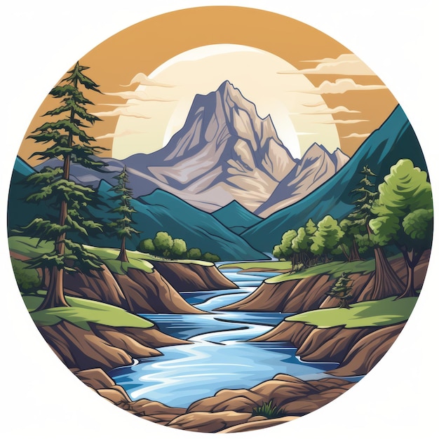 Logotipo da paisagem de Makalu com cachoeira e árvores