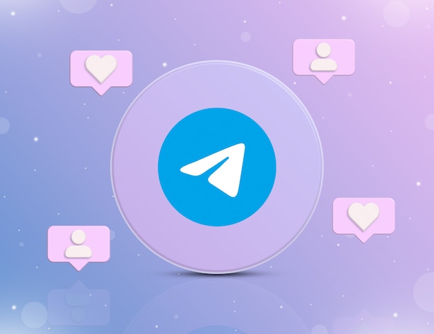 Logotipo da rede social do Telegram com ícones de notificação de novos gostos e seguidores em 3D
