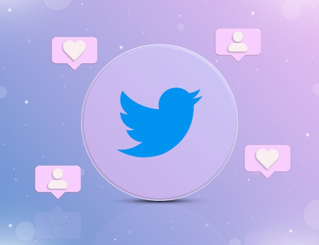 Logotipo da rede social do Twitter com ícones de notificação de novos gostos e seguidores em 3D