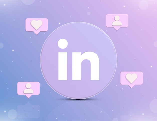 Logotipo da rede social Linkedin com ícones de notificação de novos gostos e seguidores em 3D
