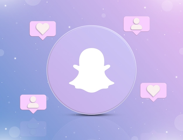 Logotipo da rede social Snapchat com ícones de notificação de novos gostos e seguidores em 3D