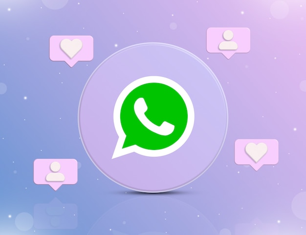 Logotipo da rede social Whatsapp com ícones de notificação de novos gostos e seguidores em 3D