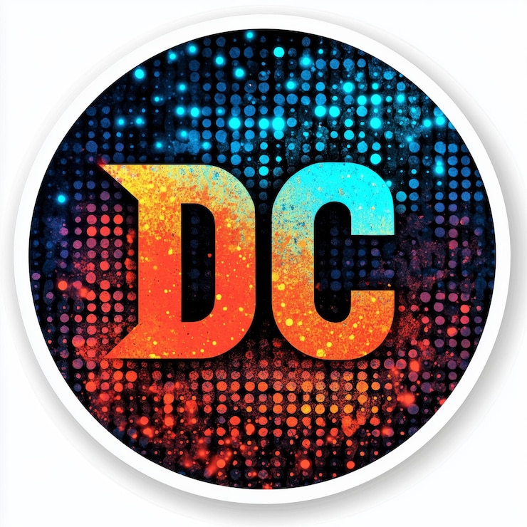 Foto logotipo de dc colorido con fondo de puntos abstractos